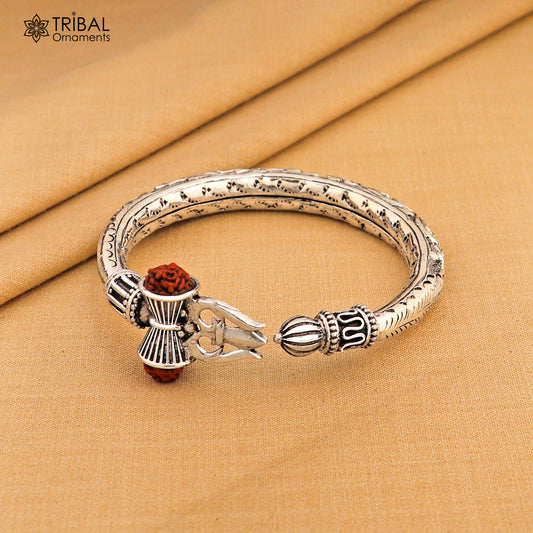 925 Sterling silver shiva trishul and rudraksha chitai work bangle bracelet kada tribal jewelry nsk935