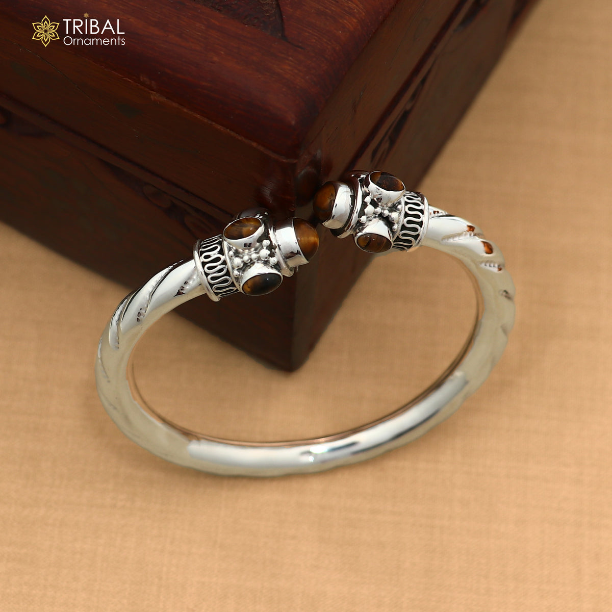 925 Sterling silver customized brown stone bangle cuff kada unisex tribal jewelry nsk974