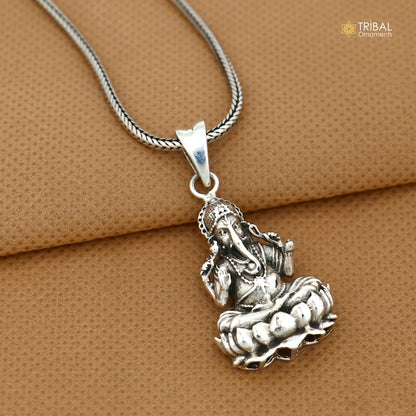 925 sterling silver Ganesha pendant with chain, tribal jewelry featuring intricate design and traditional craftsmanship.