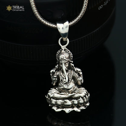 925 sterling silver Ganesha pendant with chain, tribal jewelry design, featuring intricate details and cultural motifs.