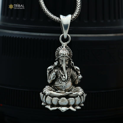 Sterling silver Ganesha pendant with chain, tribal jewelry design, crafted by TRIBAL ORNAMENTS, featuring intricate details.