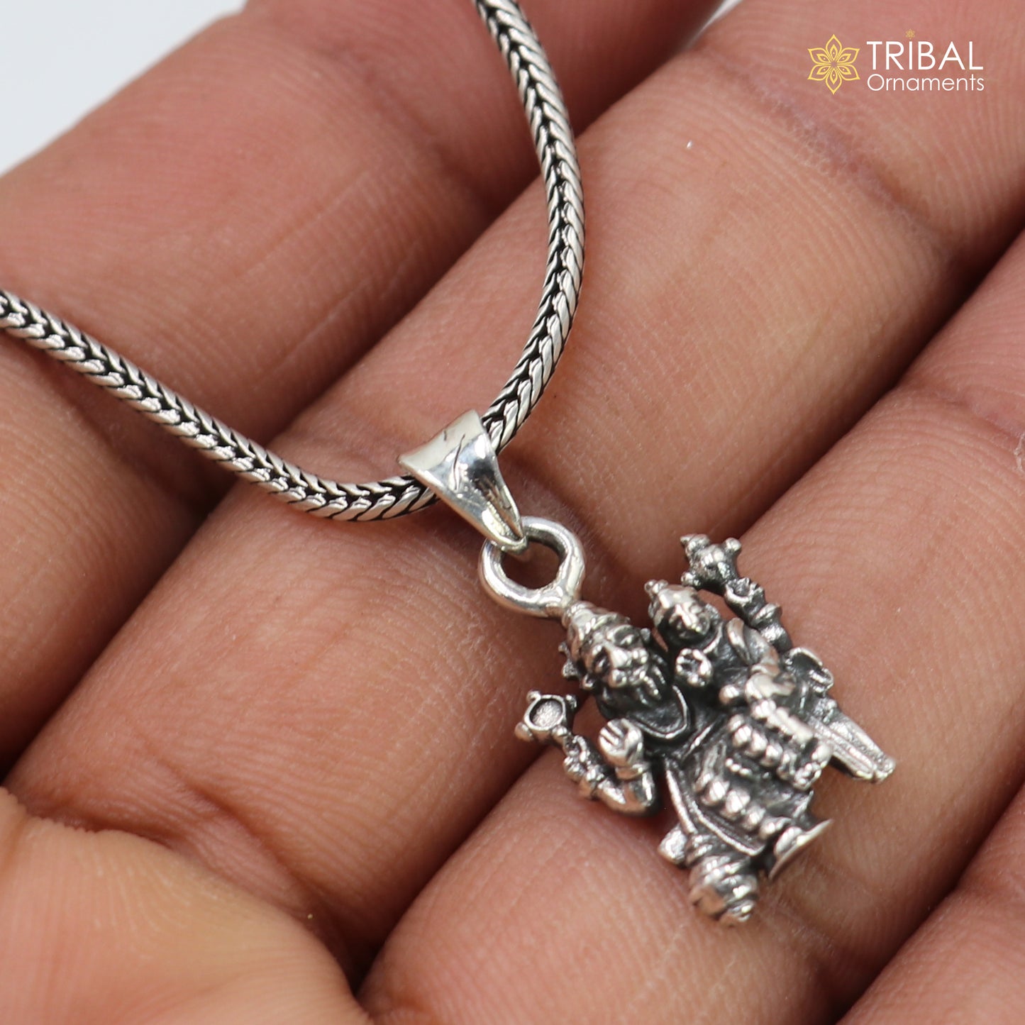 925 sterling silver Narsimha with Prahlad pendant and chain tribal jewelry by TRIBAL ORNAMENTS, showcasing detailed craftsmanship.