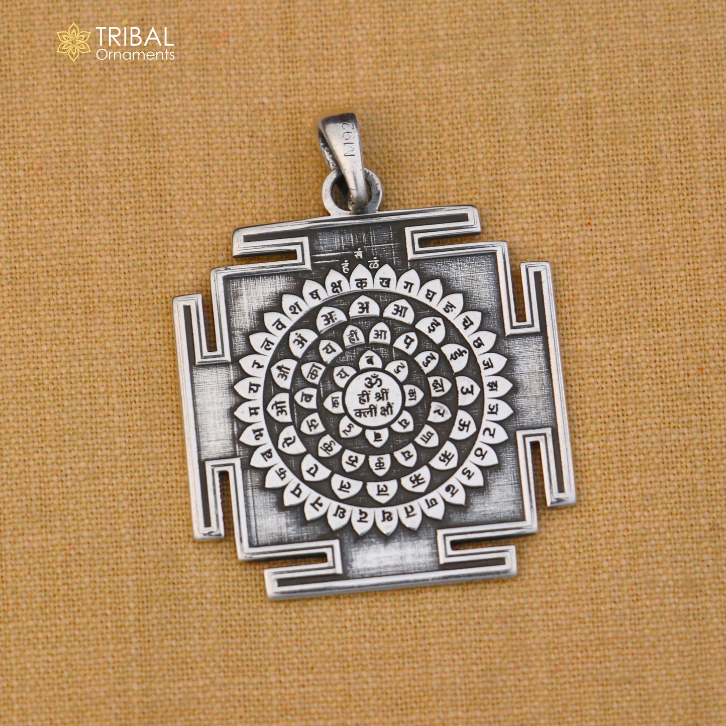 925 sterling silver Shree Kal Bhairav Yantram pendant with chain, tribal jewelry design, detailed religious symbol artwork.
