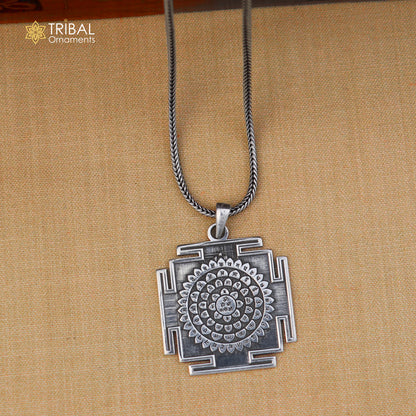 925 sterling silver Shree Kal Bhairav Yantram pendant with chain, tribal jewelry design, detailed religious symbol.