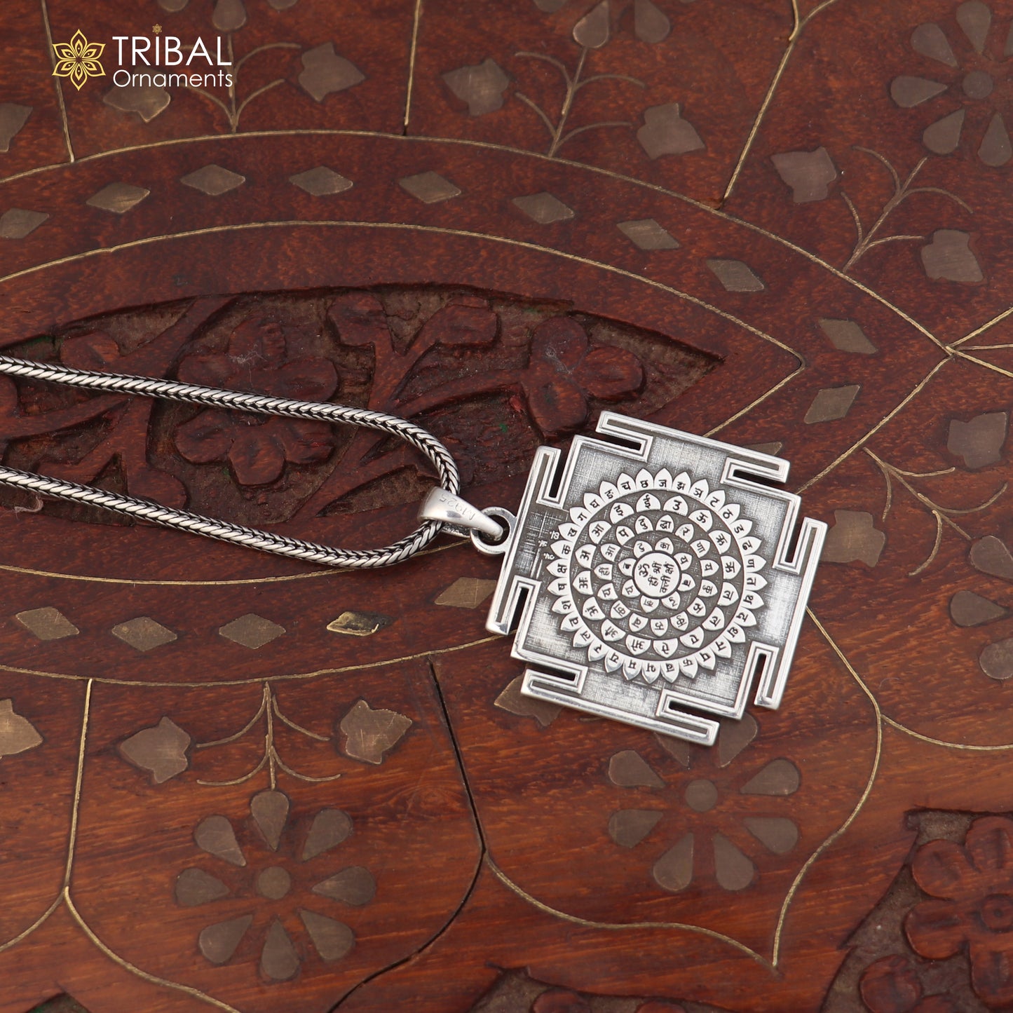 925 sterling silver Shree Kal Bhairav Yantram pendant with chain, tribal jewelry design, detailed religious symbol accessory