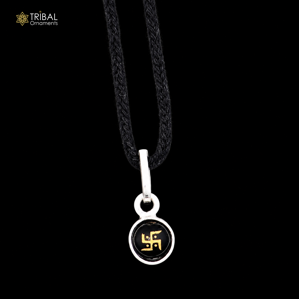 Sterling silver Swastik design pendant for girls or kids jewelry, crafted by TRIBAL ORNAMENTS, featuring intricate silver craftsmanship.