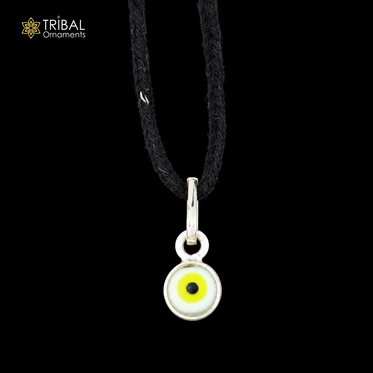 Sterling silver evil eye pendant for girls and kids, protective jewelry by TRIBAL ORNAMENTS, featuring a blue and silver design