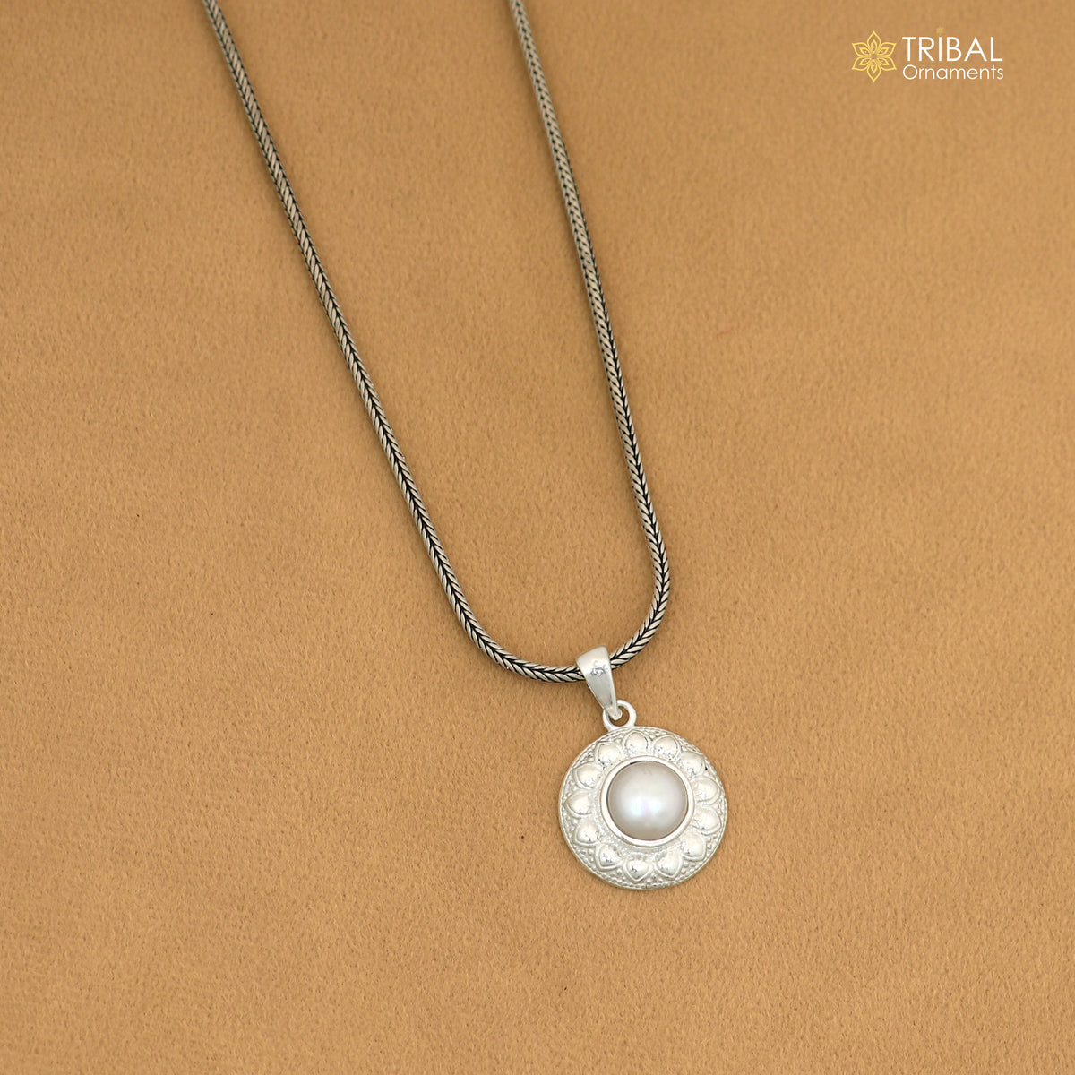 Unisex 925 sterling silver floral style pendant with pearl, showcasing intricate round floral design from TRIBAL ORNAMENTS.