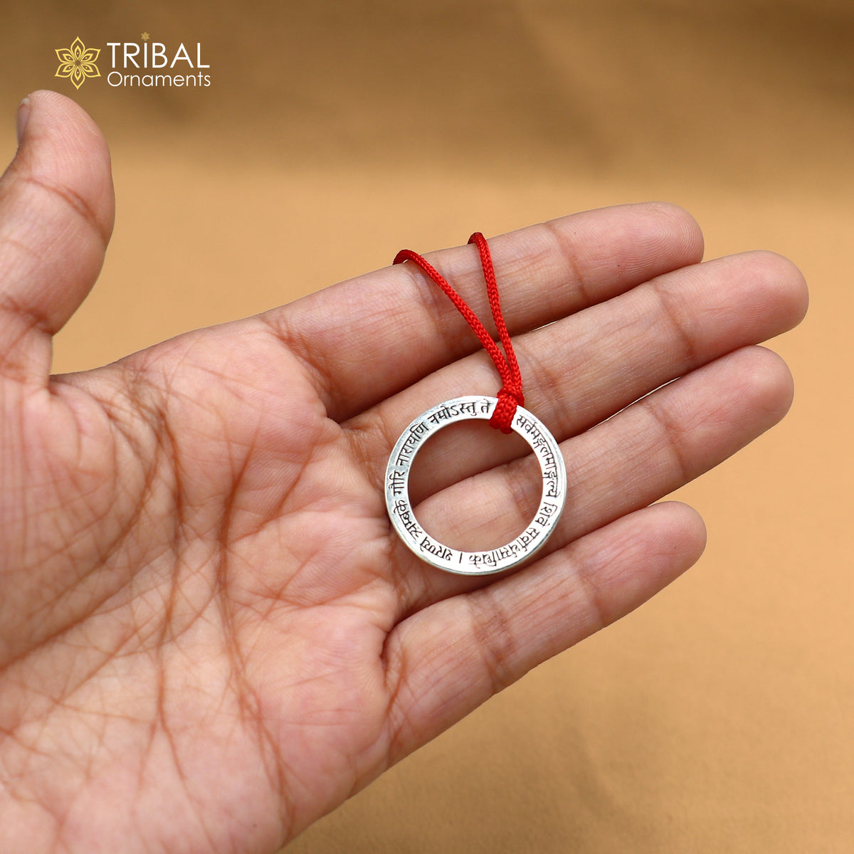Sterling silver Shree Goddess Durga mantra pendant featuring intricate ethnic design, divine jewelry by TRIBAL ORNAMENTS.