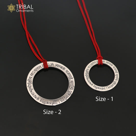 Sterling silver Shree Maha Mrityunjay mantra pendant with intricate ethnic design, divine jewelry by TRIBAL ORNAMENTS.