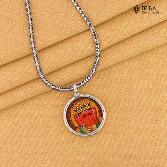 925 sterling silver handmade idol God Ganesha pendant, amazing divine lord painting pendant unisex gifting jewelry nsp764