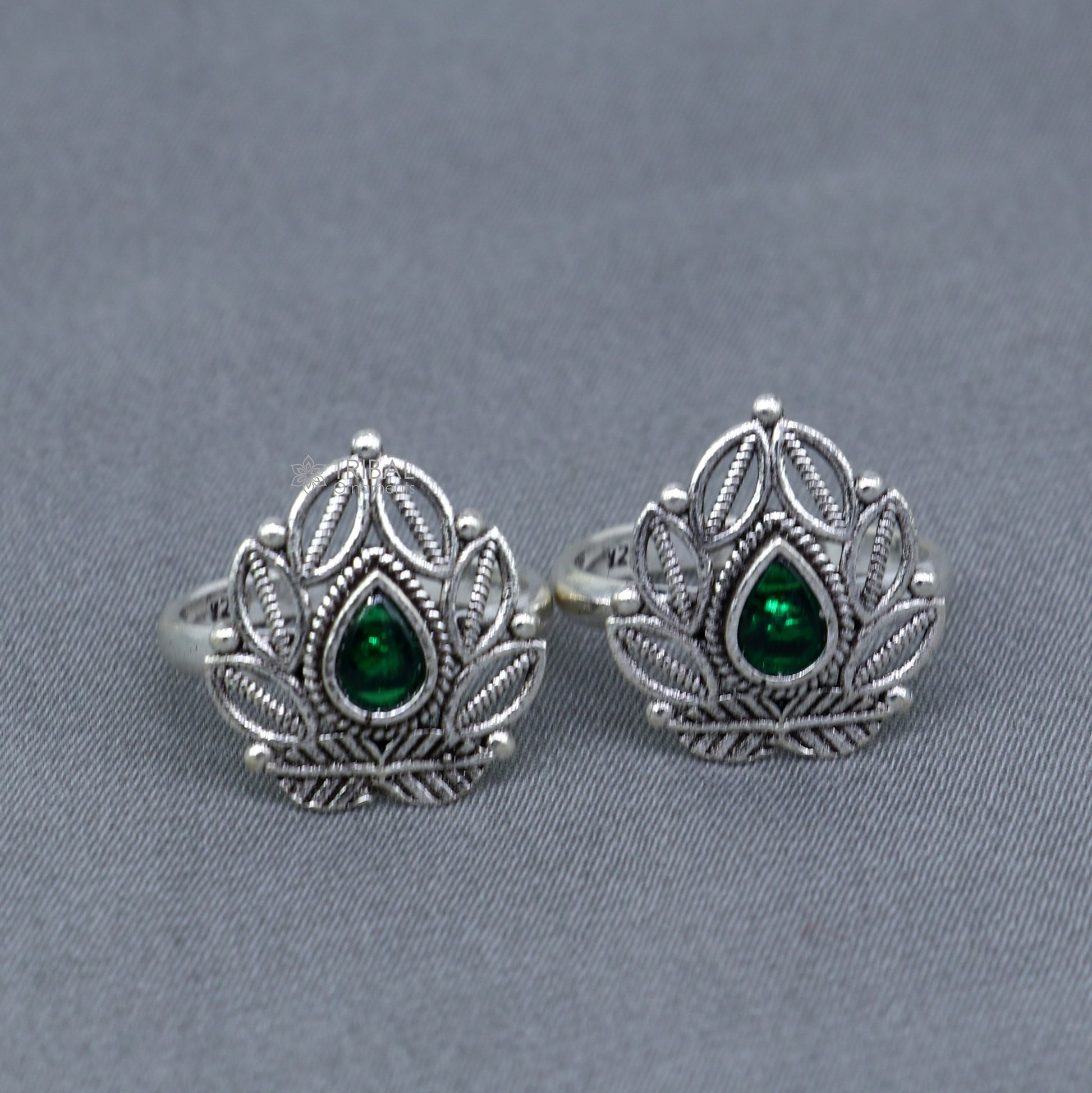 925 sterling silver adjustable size toe ring band green stone tribal belly dance ethnic cultural  jewelry from india ntr109 - TRIBAL ORNAMENTS