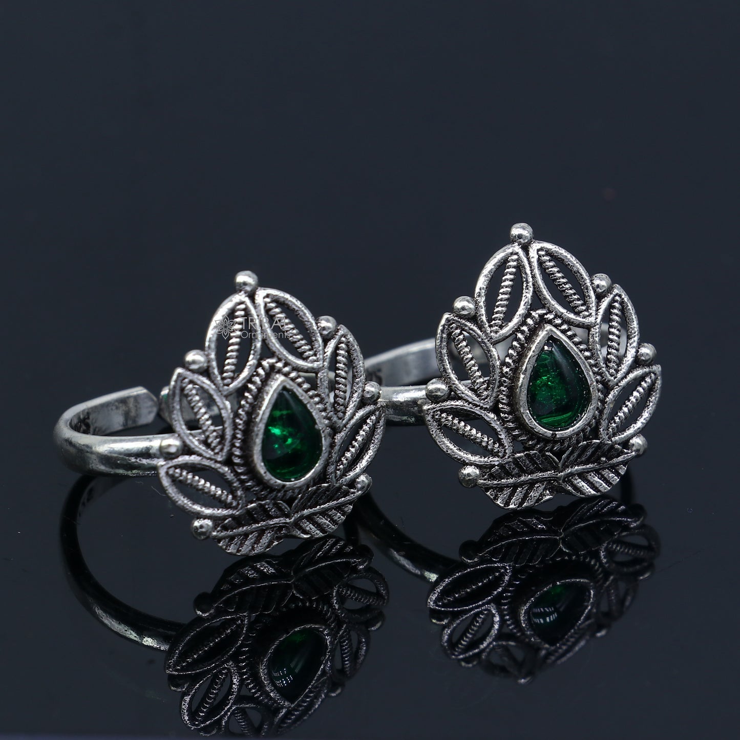 925 sterling silver adjustable size toe ring band green stone tribal belly dance ethnic cultural  jewelry from india ntr109 - TRIBAL ORNAMENTS