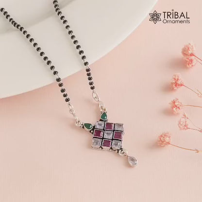 925 sterling silver black beads chain multi stone Mangalsutra chunky necklace ms11