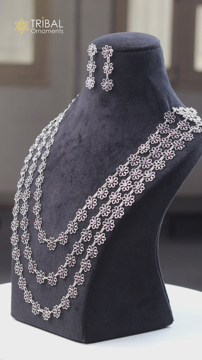 925 sterling silver floral style red stone 3 line necklace set ethnic jewelry set794