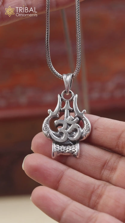 925 sterling silver shiva trident with om mantra Pendant with chain tribal jewellery nsp1052