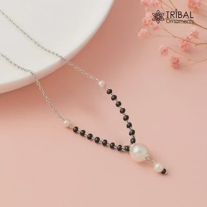 925 sterling silver pearl and black beaded chain necklace vintage style Mangalsutra ms126