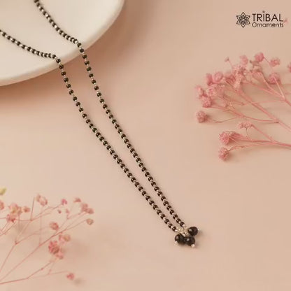 Pure 925 sterling silver beaded ball pendant and black beaded chain necklace, vintage antique style Mangalsutra ms111