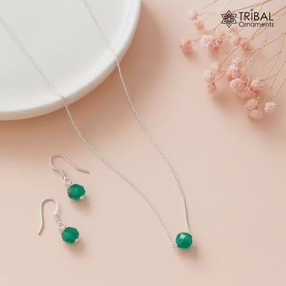 Pure 925 sterling silver chain  and vintage green colour ball style pendant and earing necklace set ms121