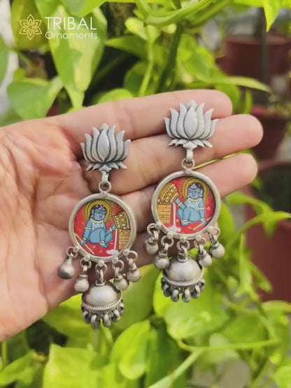 925 sterling silver lord  krishna painting miniature art Painting  hoops earring s1358