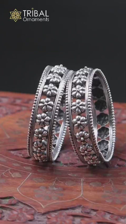 925 sterling silver Vintage floral design bangle bracelet tribal ethnic jewelry nba333