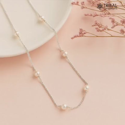 Pure 925 sterling silver pearl beads chain necklace, vintage style Mangalsutra ms 102