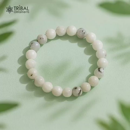 8 MM moon natural (white/grey) stone beaded handmade bracelet, customized unisex Jewelry, stnbr119