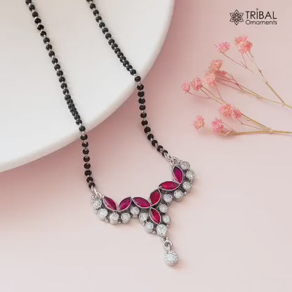 925 sterling silver black beads and red cut stone brides Mangalsutra chunky necklace ms82