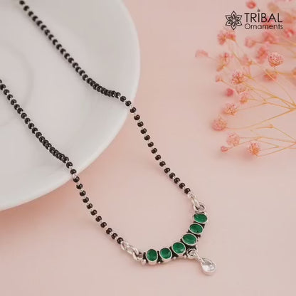 925 sterling silver black beads chain green cut stone mangalsutra necklace ms36