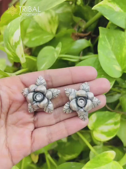 925 sterling silver floral design Stud with single stone fancy girl's earring brides jewelry S1254
