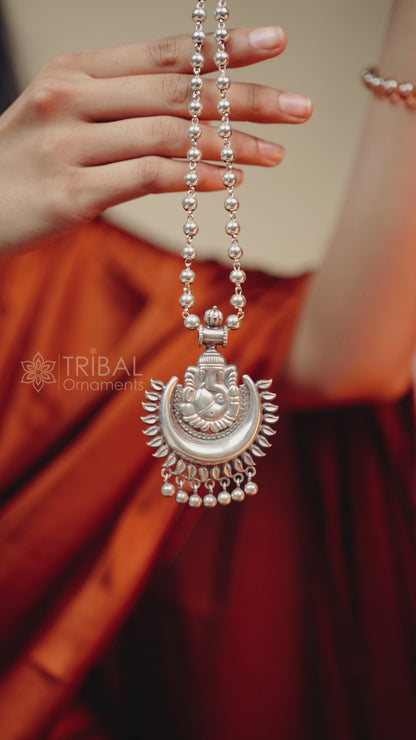 Vintage Indian traditional cultural style trendy 925 sterling silver plain 6mm beaded customized Ganesha long necklace tribal jewelry set545