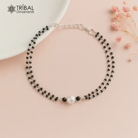 925 sterling silver pearl black beaded and duble chain bracelet Combo use bracelet or anklets, Mangalsutra bracelet mbr02