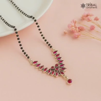925 sterling silver black beads and red cut stone brides Mangalsutra chunky necklace ms91