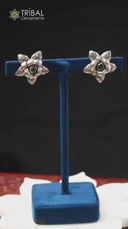925 sterling silver floral design Stud earring with green stone fancy girl's brides jewelry S1253