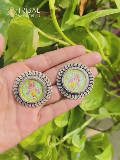 925 sterling silver lord Ganesha painting miniature art Painting hoops earring s1337
