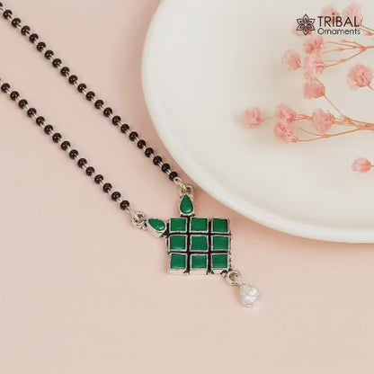 925 sterling silver black beads chain and green stone mangasutra necklace ms06