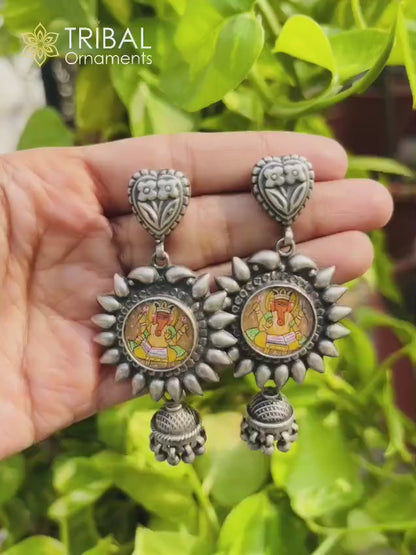 925 sterling silver lord Ganesha miniature art Painting hoops earring s1359