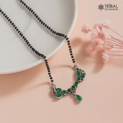 925 sterling silver black beads chain green stone Mangalsutra necklace ms13