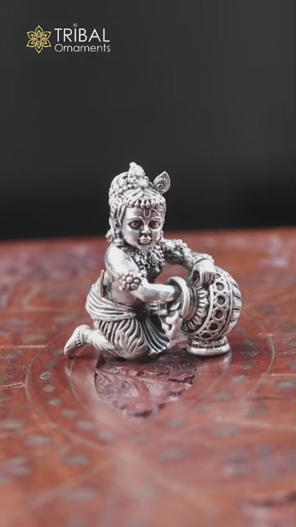 925 Sterling silver customized Idol Krishna Bal Gopal statue figurine, laddu gopal crawling Krishna sculpture, Makhan gopala statue art221