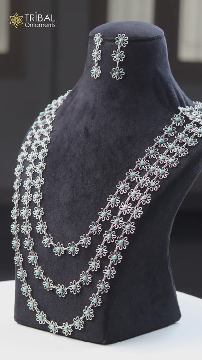 925 sterling silver floral style turquoise stone 3 line necklace set ethnic jewelry set793
