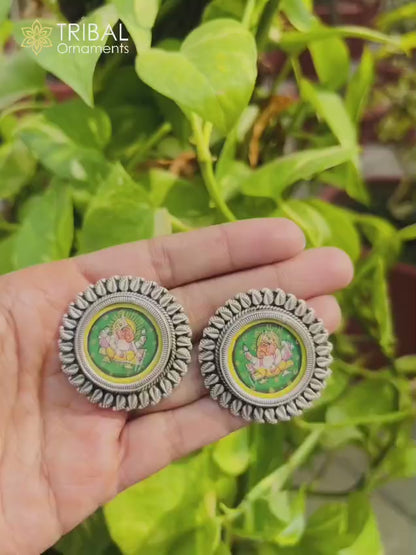 925 sterling silver lord Ganesha painting miniature art Painting  hoops earring s1342