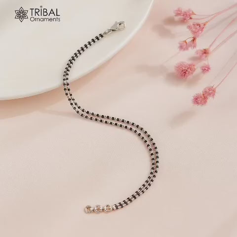 925 sterling silver black beaded and double chain bracelet Combo use bracelet or anklets, Mangalsutra bracelet mbr01