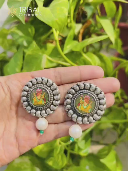 925 sterling silver lord Ganesha miniature art Painting  hoops earring s1364