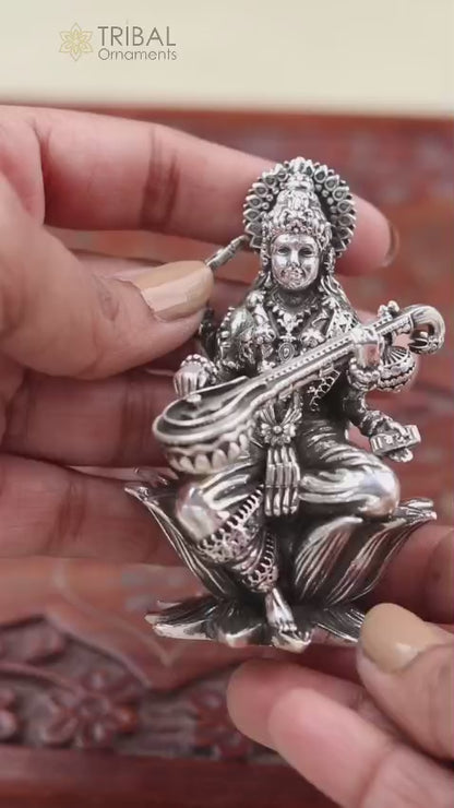 2.5" small 925 Sterling silver handmade customized Hindu idol Saraswati sharda maa statue, puja article figurine, home décor Articles art57
