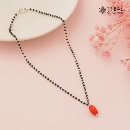 Pure 925 sterling silver red colour's ball pendant and black beaded chain Mangalsutra ms 109