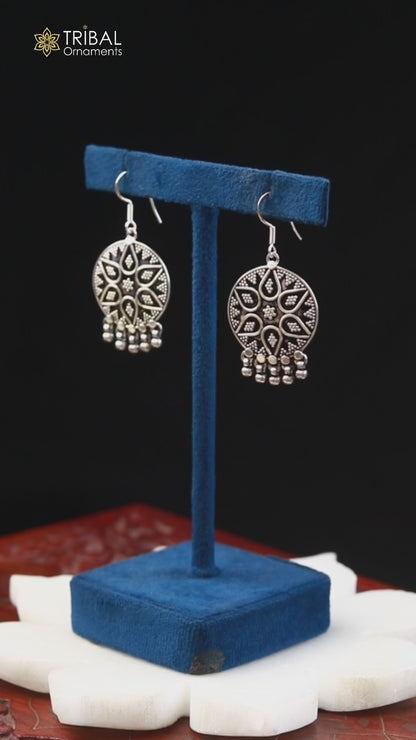 925 sterling silver ethnic round rava carving style traditional drop dangle earring ear747
