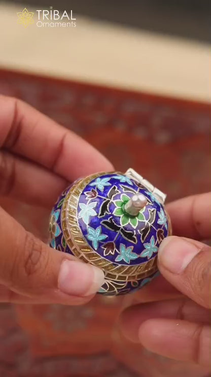 925 Sterling silver fabulous meenakari trinket box, container box, casket box,sindoor box, enamel work customized  box stb903