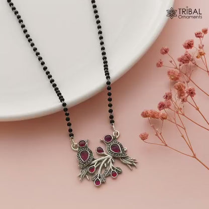925 sterling silver black beads chain and love bird pendant style stone brides Mangalsutra ms60