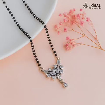 925 sterling silver black beads and white cut stone brides Mangalsutra chunky necklace ms83