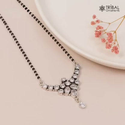 925 sterling silver black beads and white cut stone Mangalsutra chunky necklace ms93